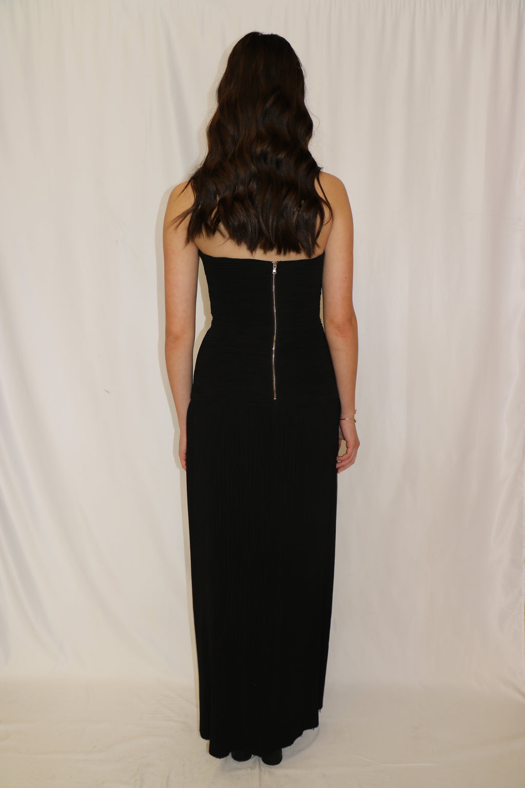 DOUBLE TIME PLEAT STRAPLESS DRESS