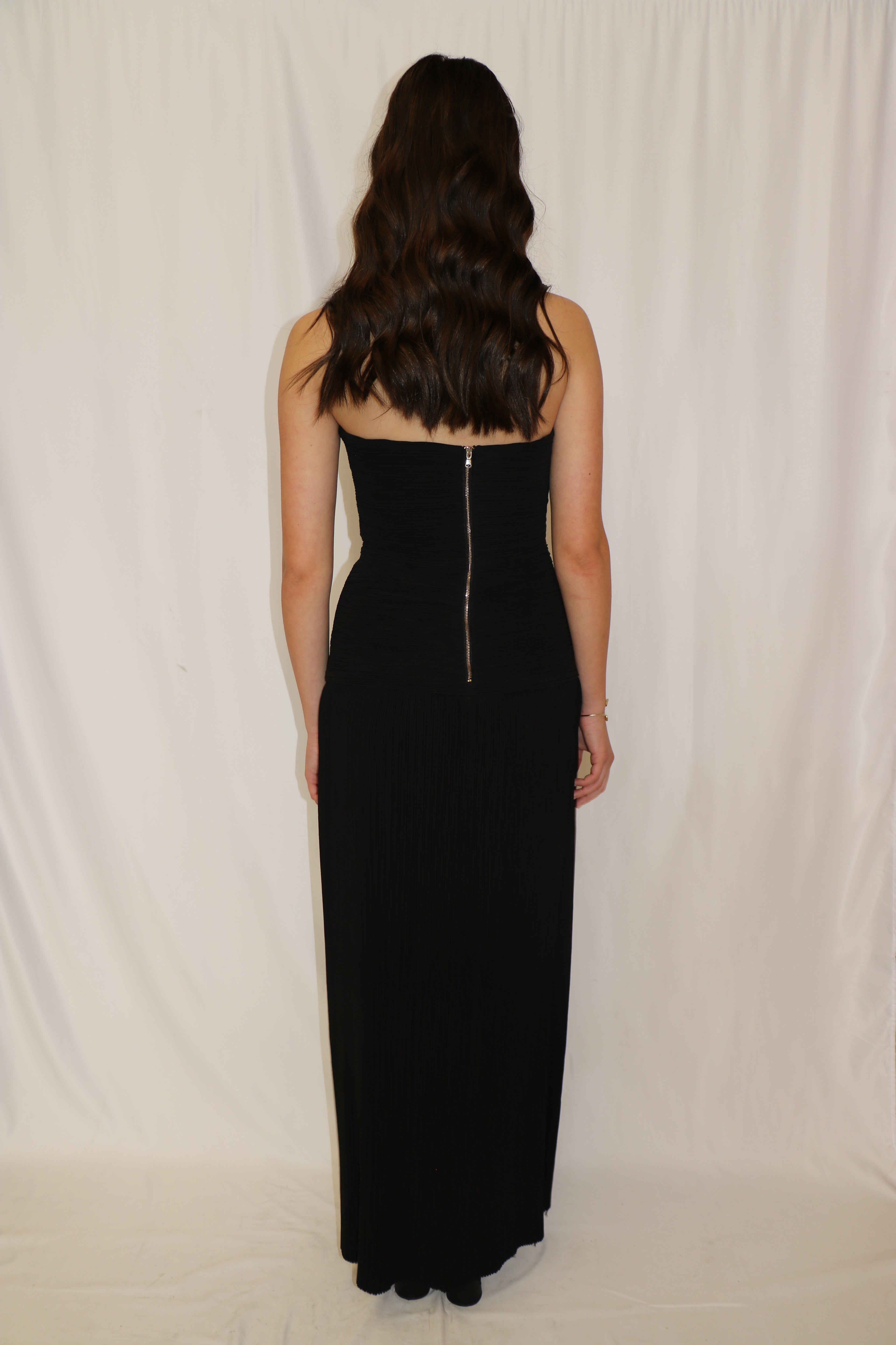 DOUBLE TIME PLEAT STRAPLESS DRESS